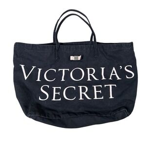 Y2K Victoria's Secret Black Canvas Tote Bag Large Bow Accent Beach Travel